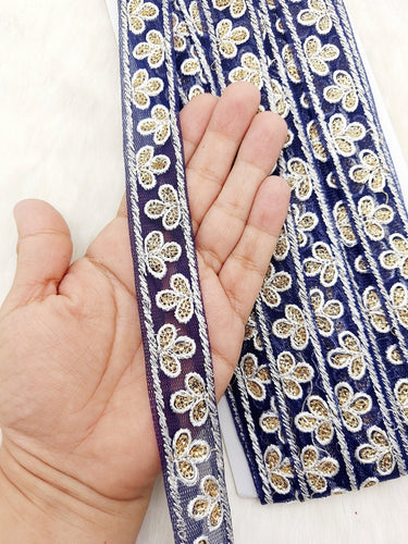 Wholesale Navy Blue Net Lace Floral Embroidery & Glitter Gold Sequins, Indian Wedding Border, Gifting Ribbon Costume Trim Fashion Trimming